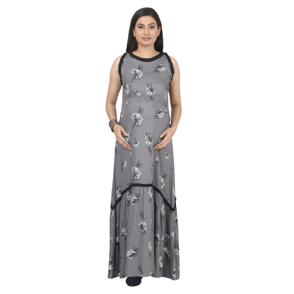 Grey Floral Printed Tiered Maternity Maxi Dress