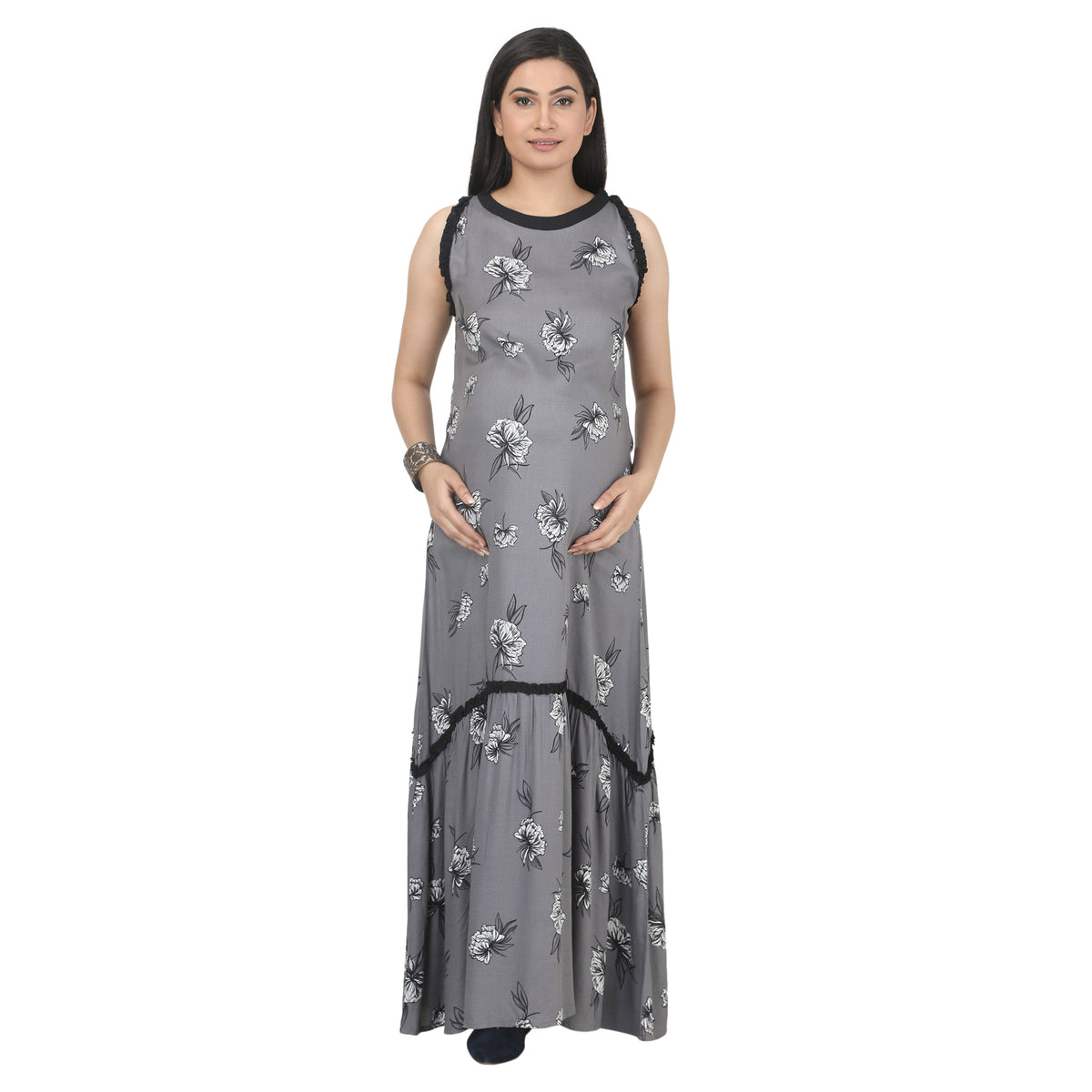 Grey Floral Printed Tiered Maternity Maxi Dress