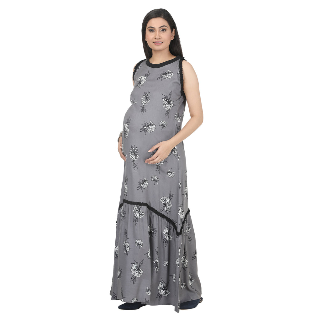 Grey Floral Printed Tiered Maternity Maxi Dress