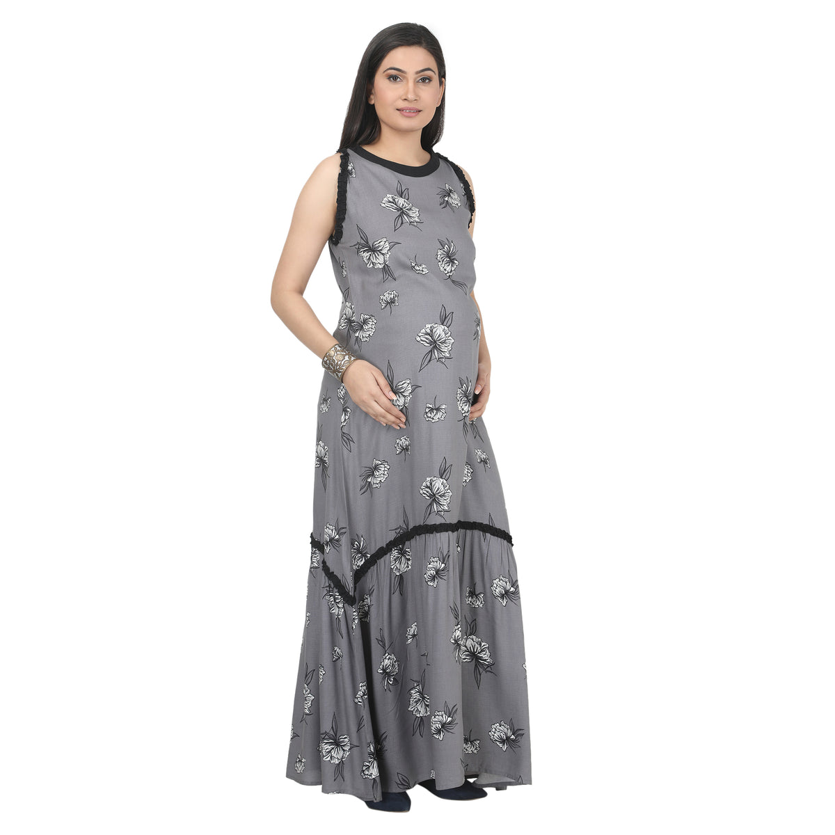 Grey Floral Printed Tiered Maternity Maxi Dress