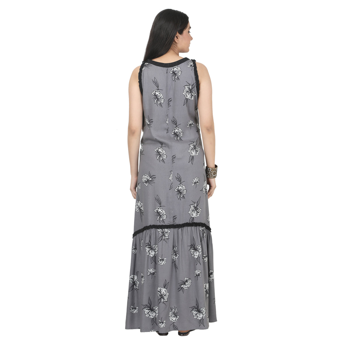 Grey Floral Printed Tiered Maternity Maxi Dress