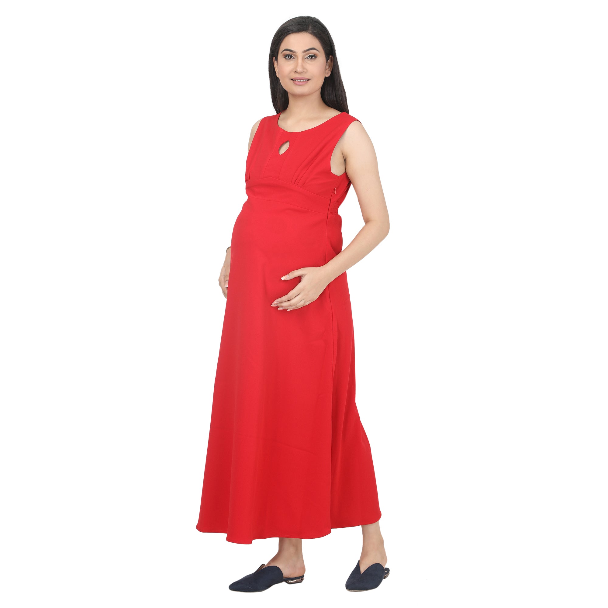 Red Viscose Lycra Maternity Maxi Dress