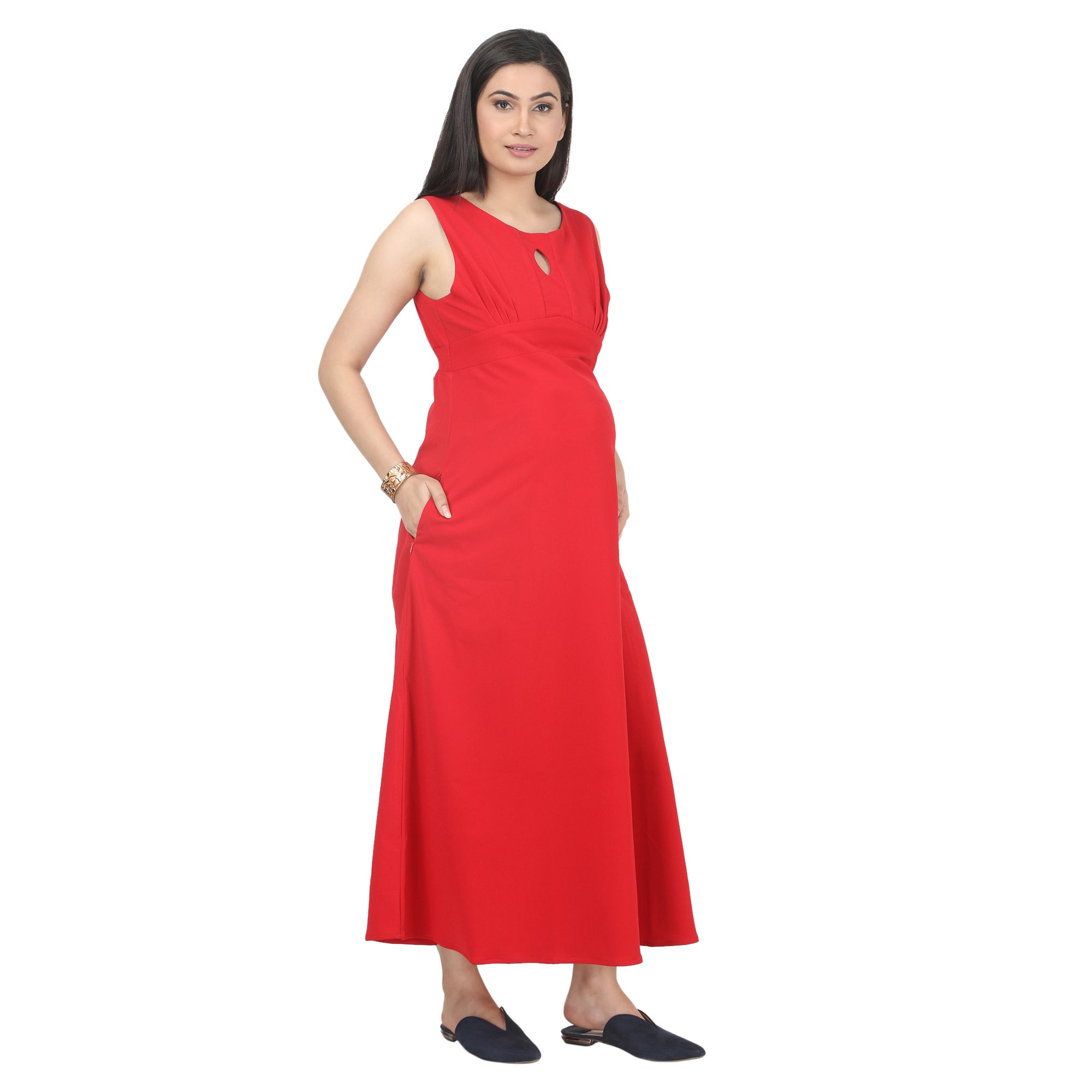 Red Viscose Lycra Maternity Maxi Dress