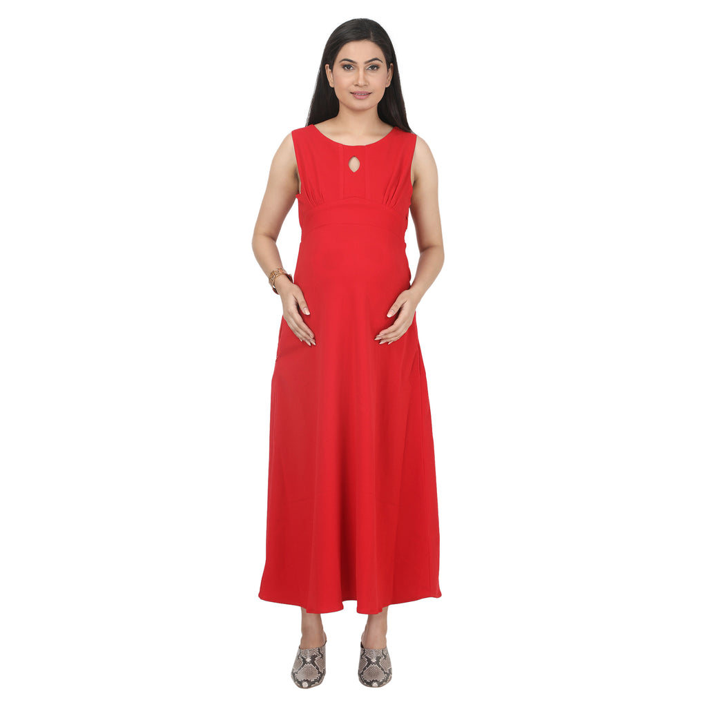 Red Viscose Lycra Maternity Maxi Dress