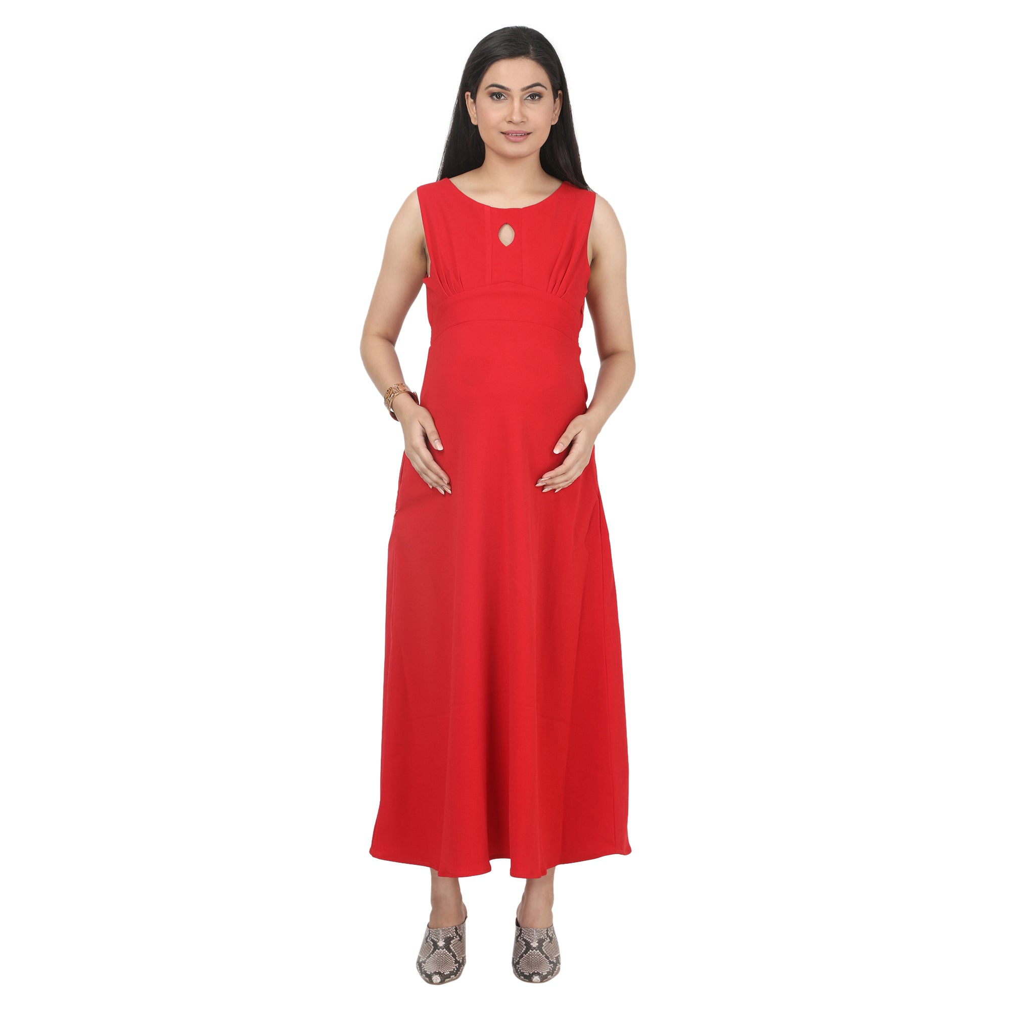 Red Viscose Lycra Maternity Maxi Dress