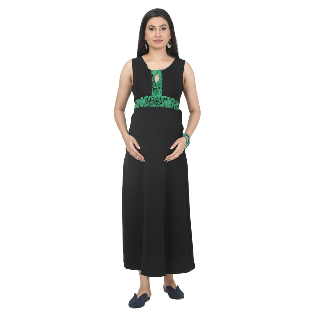 Ankle Length : Key Hole Black Dress with Green Lace