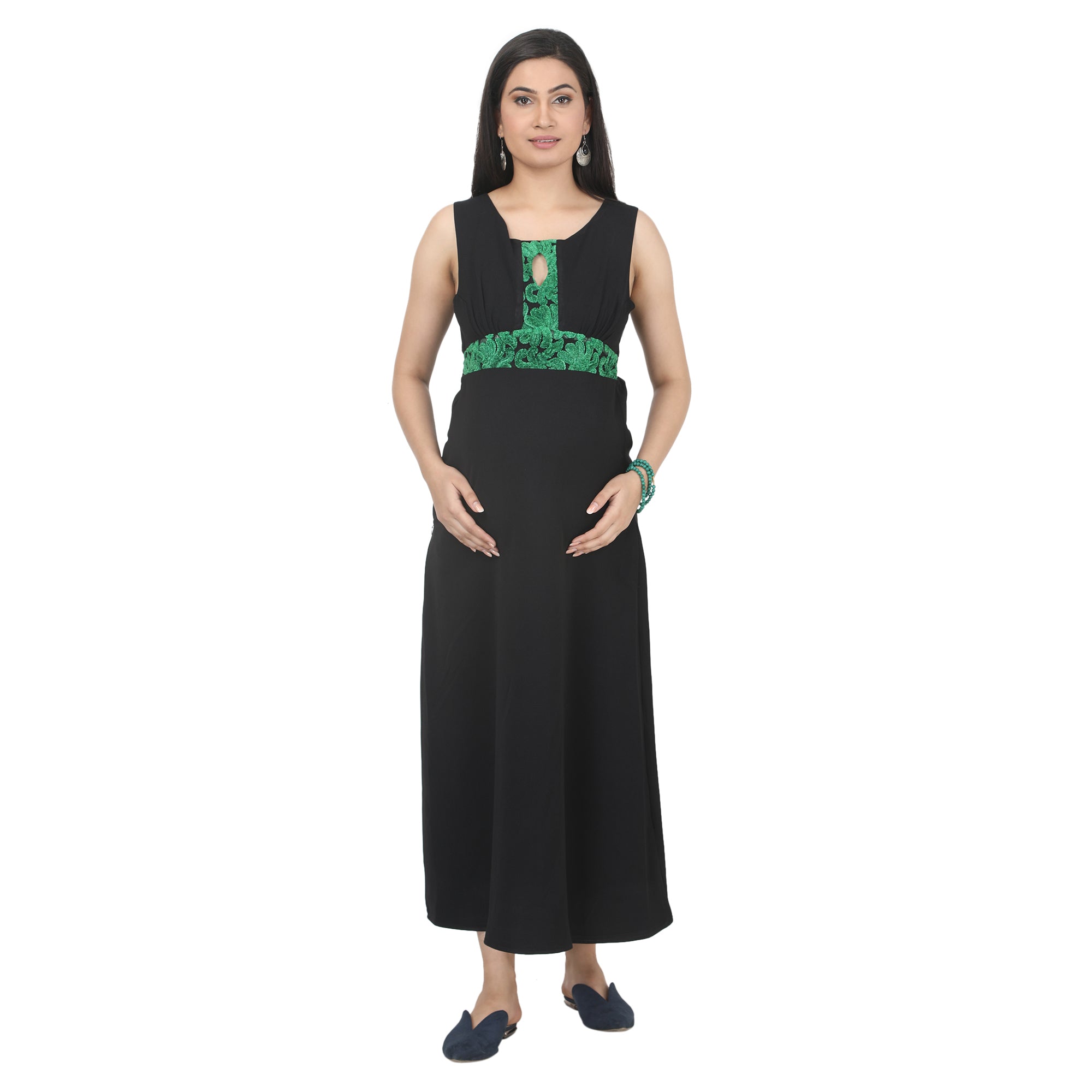 Ankle Length : Key Hole Black Dress with Green Lace