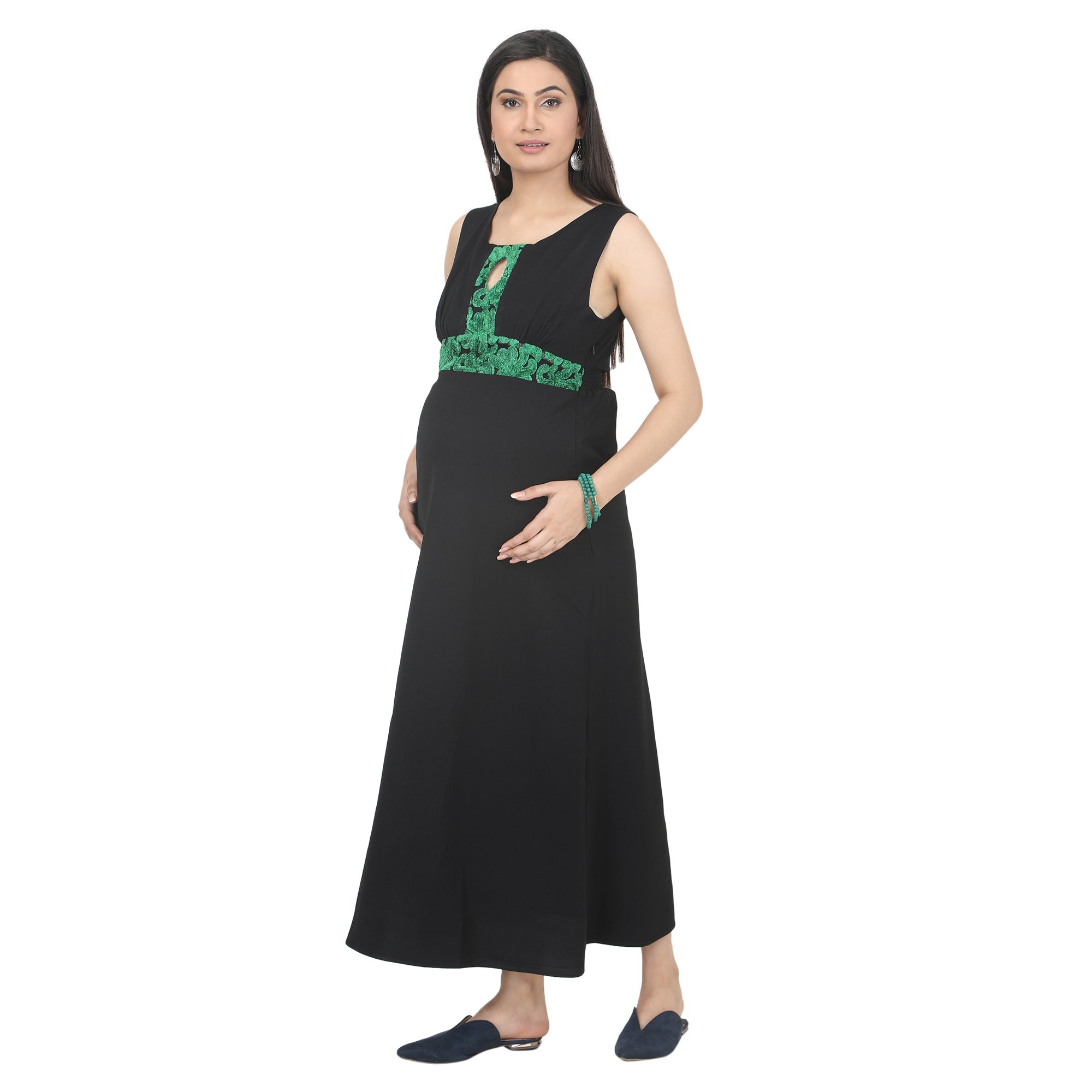 Ankle Length : Key Hole Black Dress with Green Lace