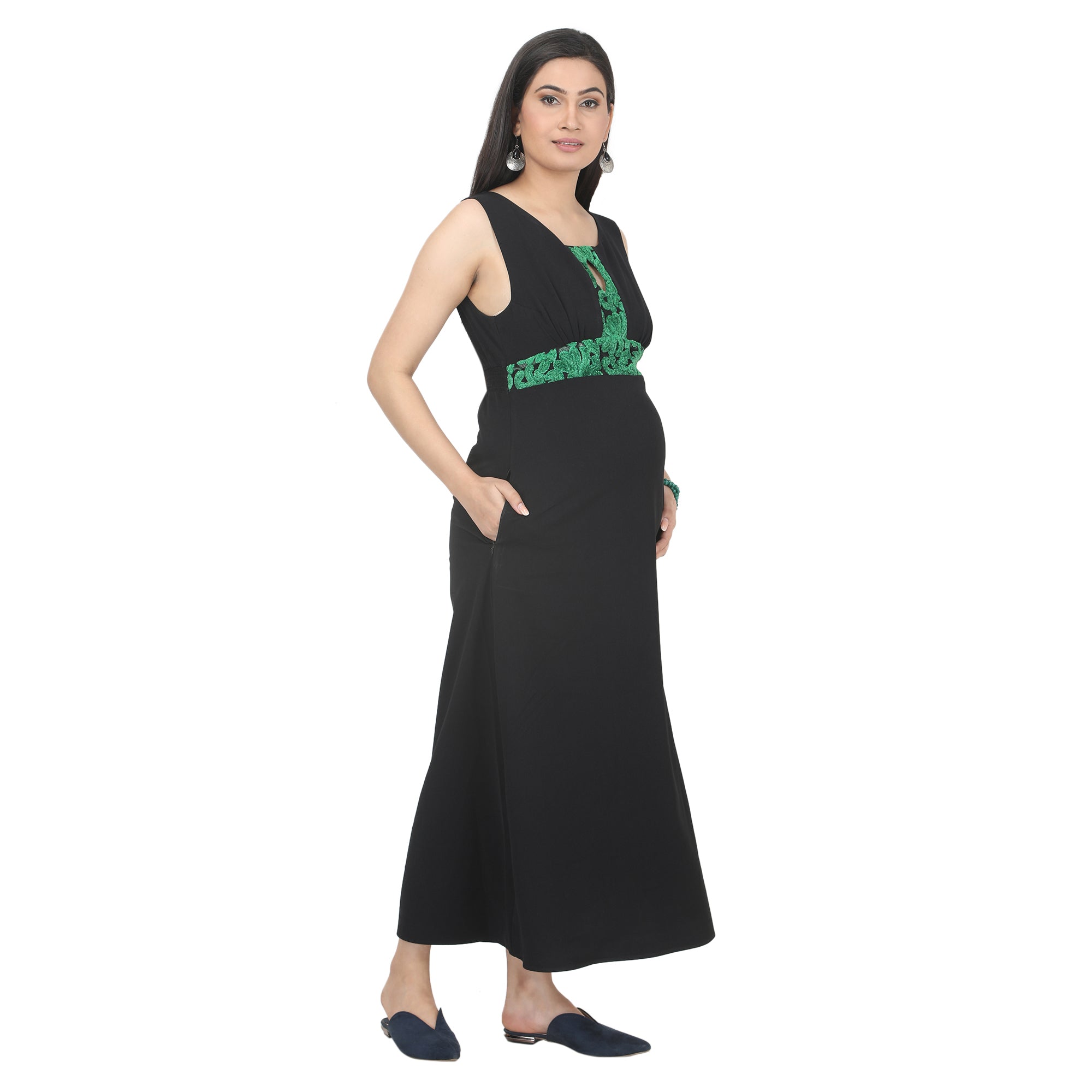 Ankle Length : Key Hole Black Dress with Green Lace
