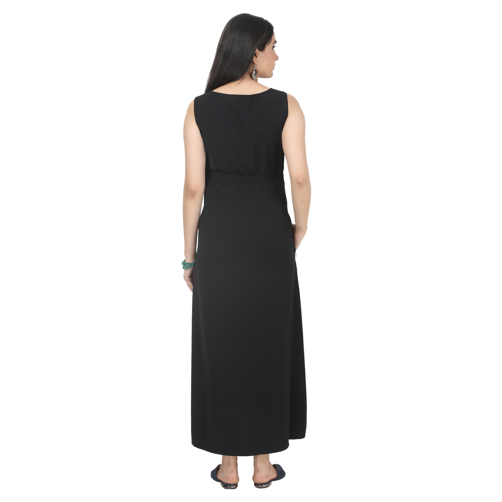 Ankle Length : Key Hole Black Dress with Green Lace