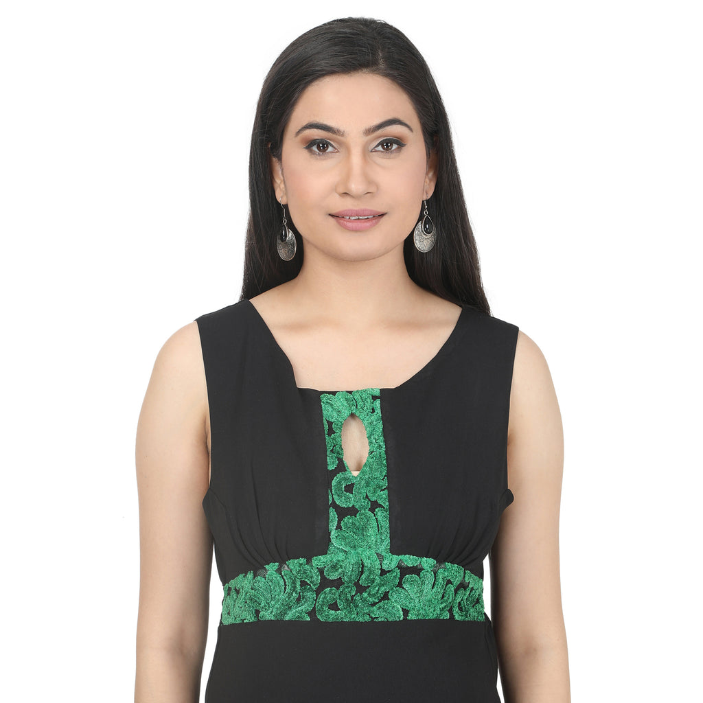 Ankle Length : Key Hole Black Dress with Green Lace