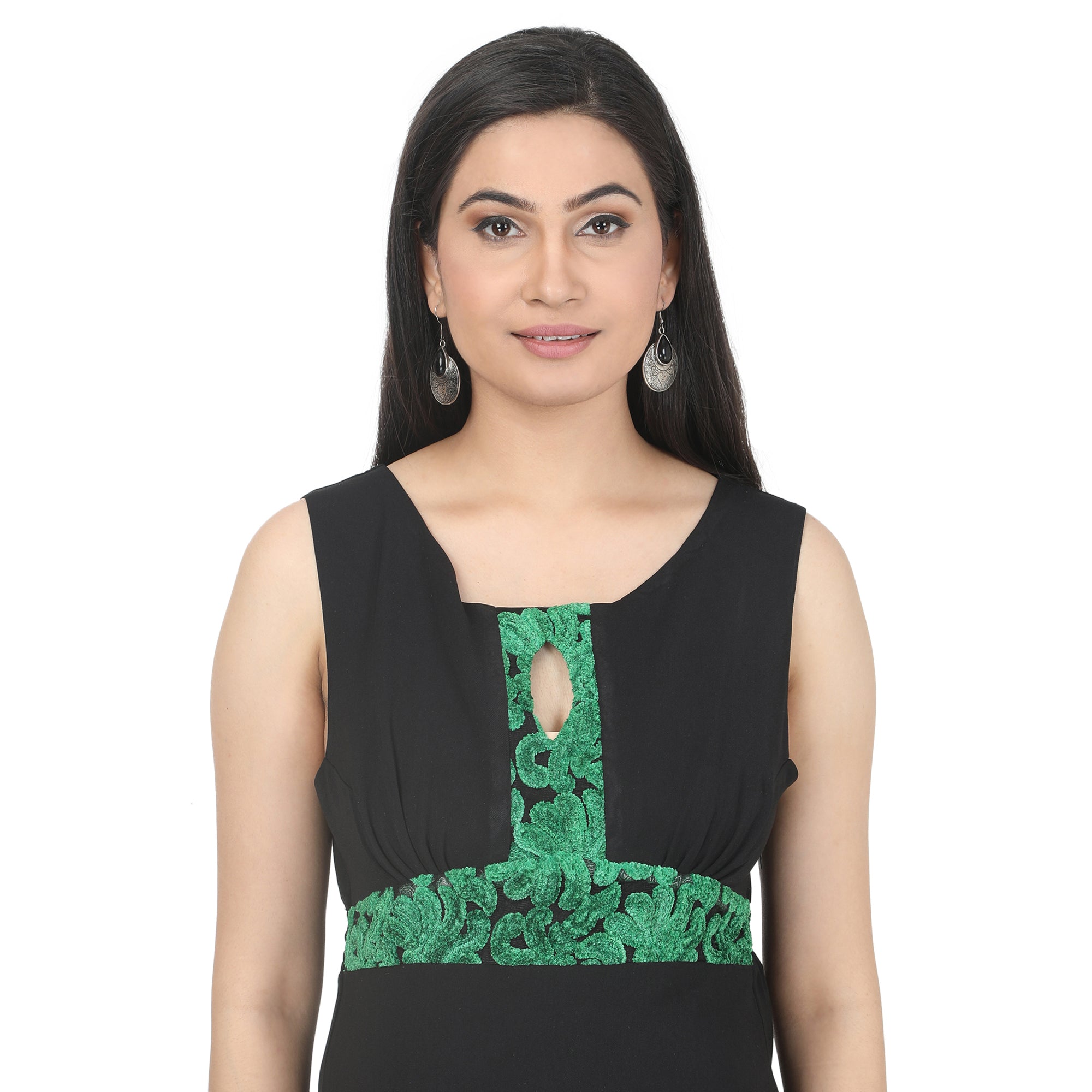 Ankle Length : Key Hole Black Dress with Green Lace