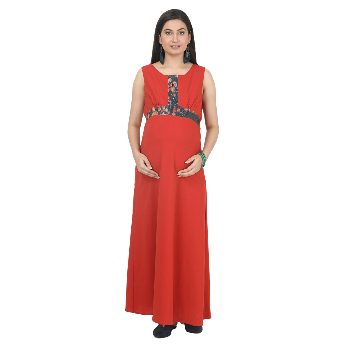 Coral Red Floral-Panel Maternity Maxi Dress