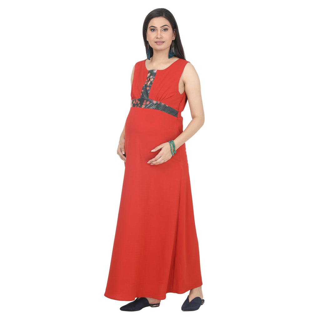 Coral Red Floral-Panel Maternity Maxi Dress