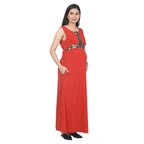 Coral Red Floral-Panel Maternity Maxi Dress