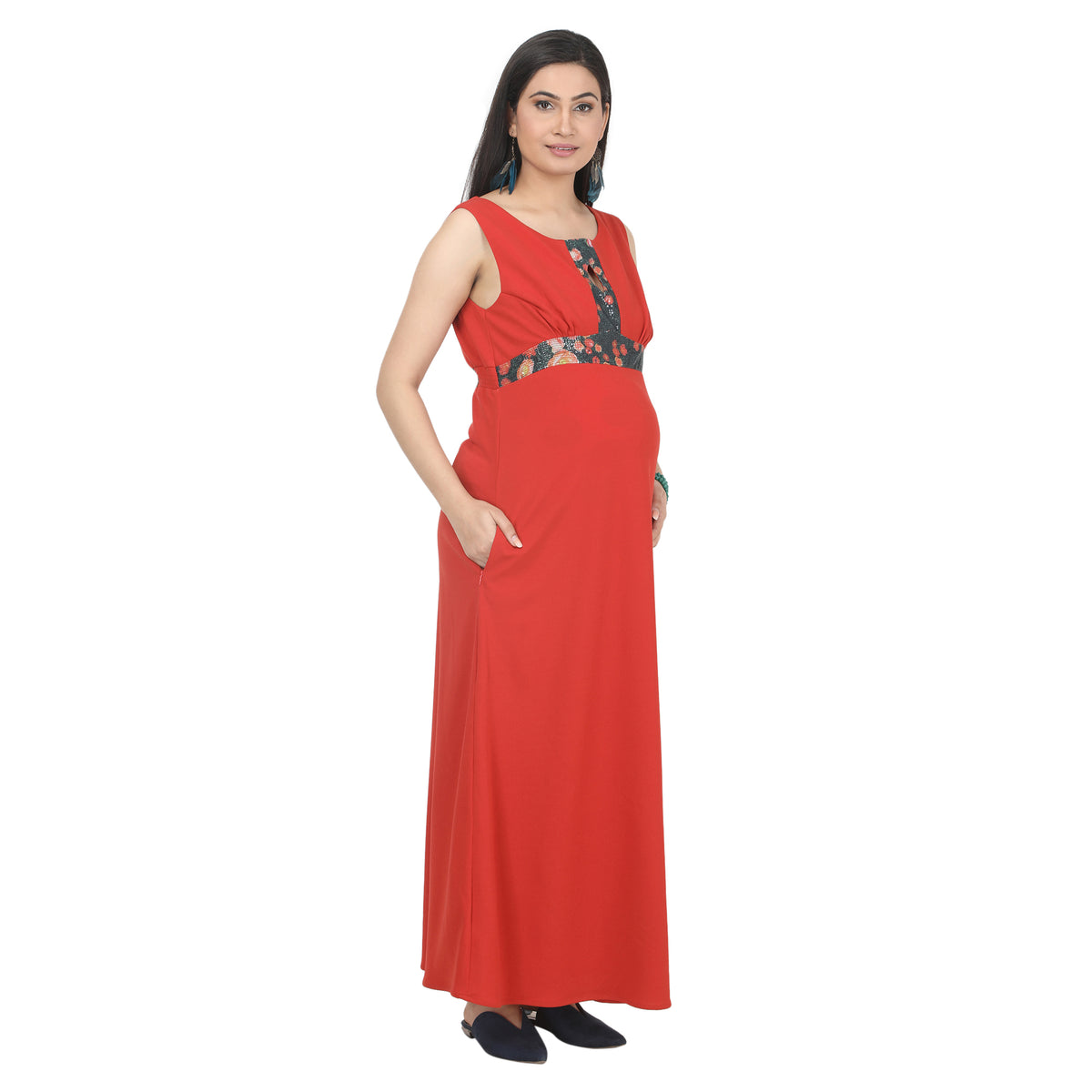 Coral Red Floral-Panel Maternity Maxi Dress