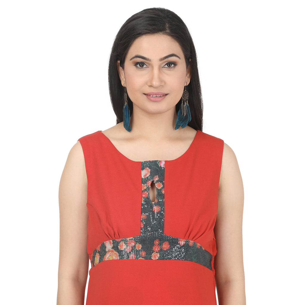 Coral Red Floral-Panel Maternity Maxi Dress