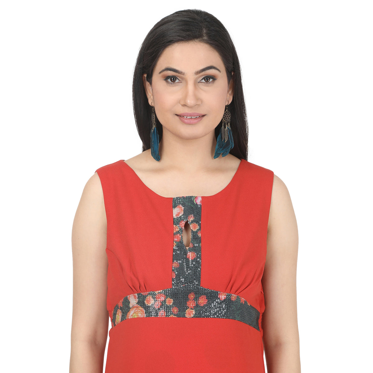 Coral Red Floral-Panel Maternity Maxi Dress