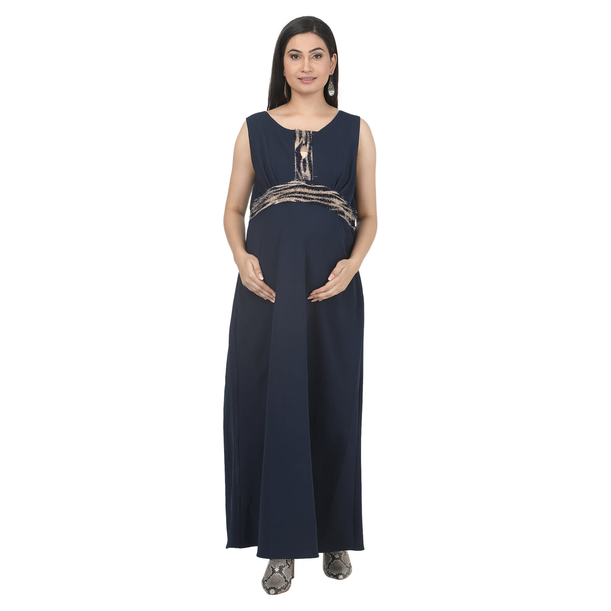 Navy Blue Embellished Maternity Maxi Dress