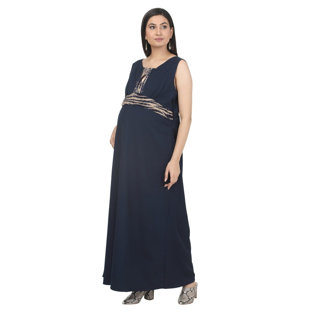Navy Blue Embellished Maternity Maxi Dress