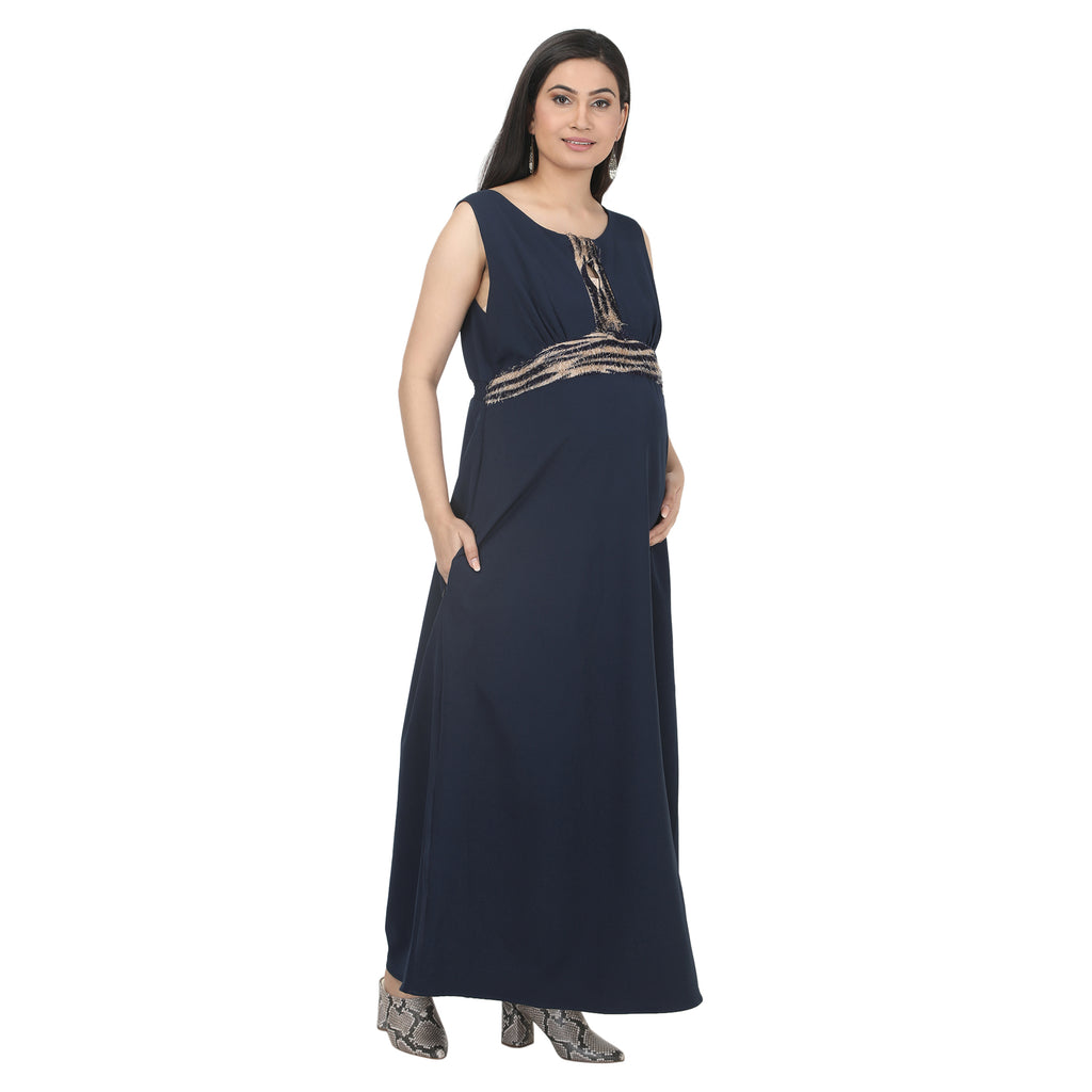 Navy Blue Embellished Maternity Maxi Dress