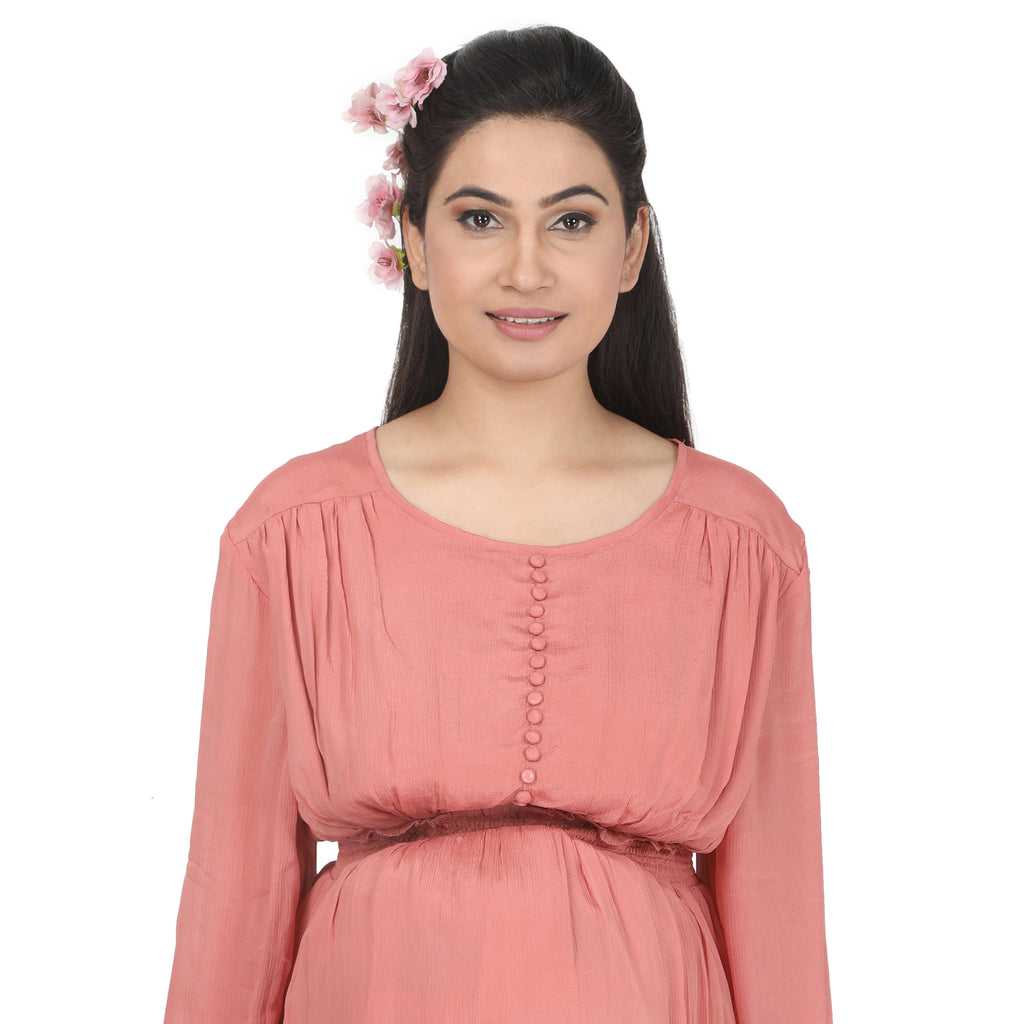 Peach Pink Solid Maternity Maxi Dress with Button Detail