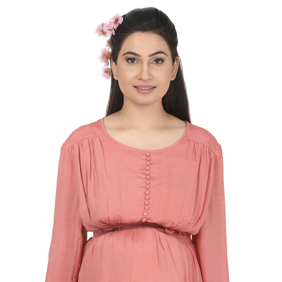 Peach Pink Solid Maternity Maxi Dress with Button Detail
