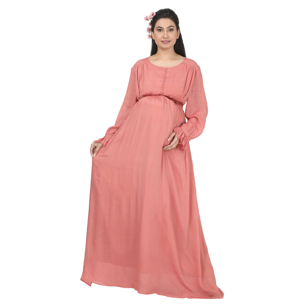 Peach Pink Solid Maternity Maxi Dress with Button Detail