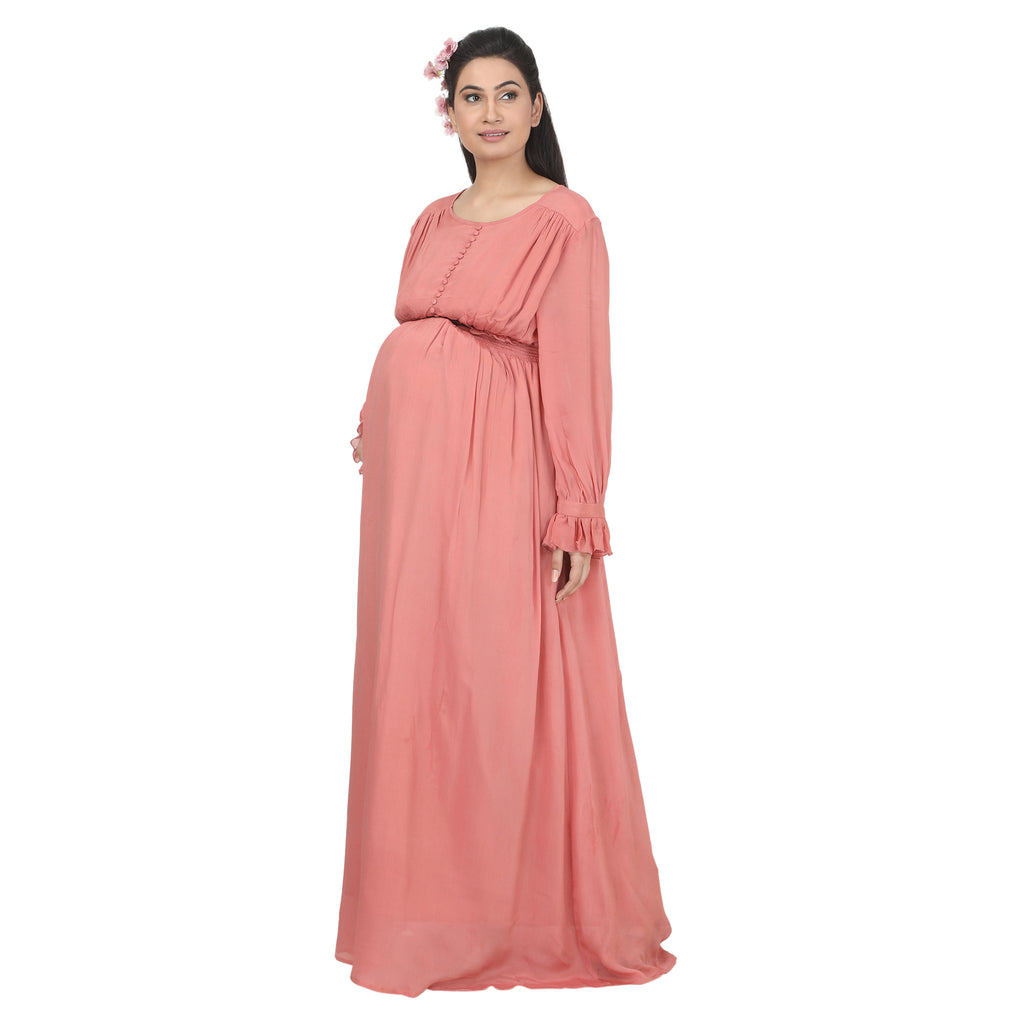 Peach Pink Solid Maternity Maxi Dress with Button Detail