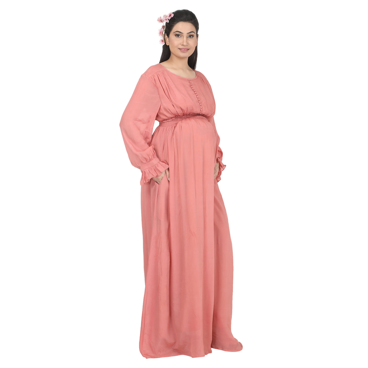 Peach Pink Solid Maternity Maxi Dress with Button Detail