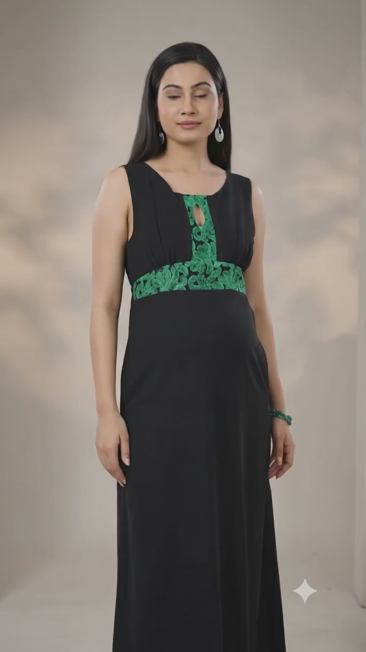 Ankle Length : Key Hole Black Dress with Green Lace